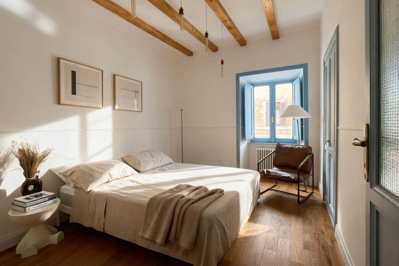 Second bedroom with a queen bed, two framed prints above it, a leather sling chair by the window, and a glazed door onto the hallway